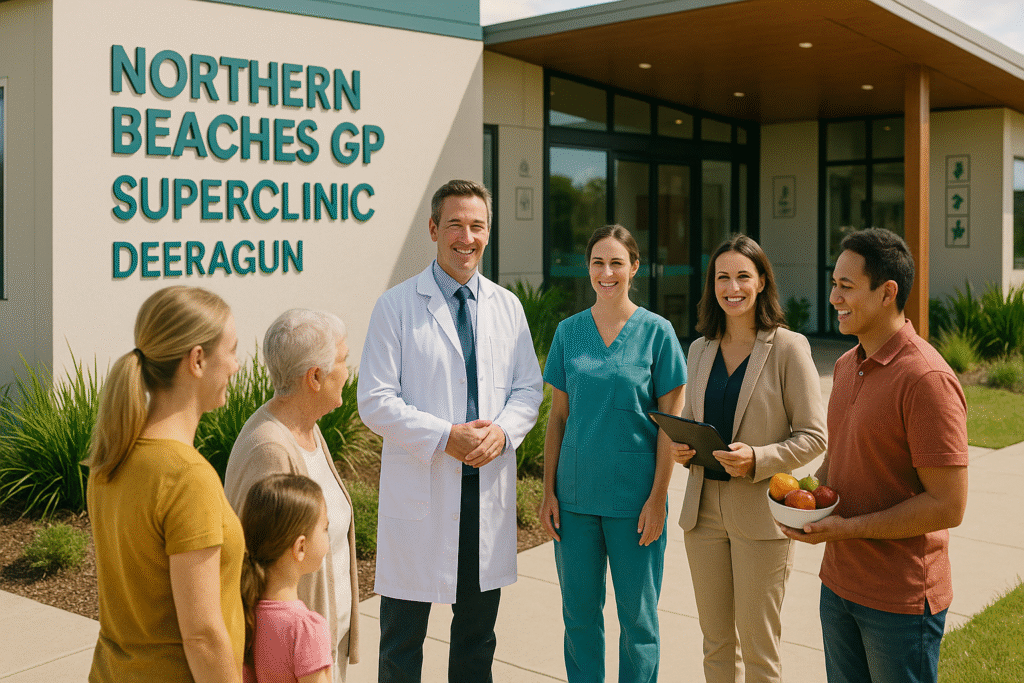 Northern Beaches GP Superclinic Deeragun staff greeting family at the clinic entrance.