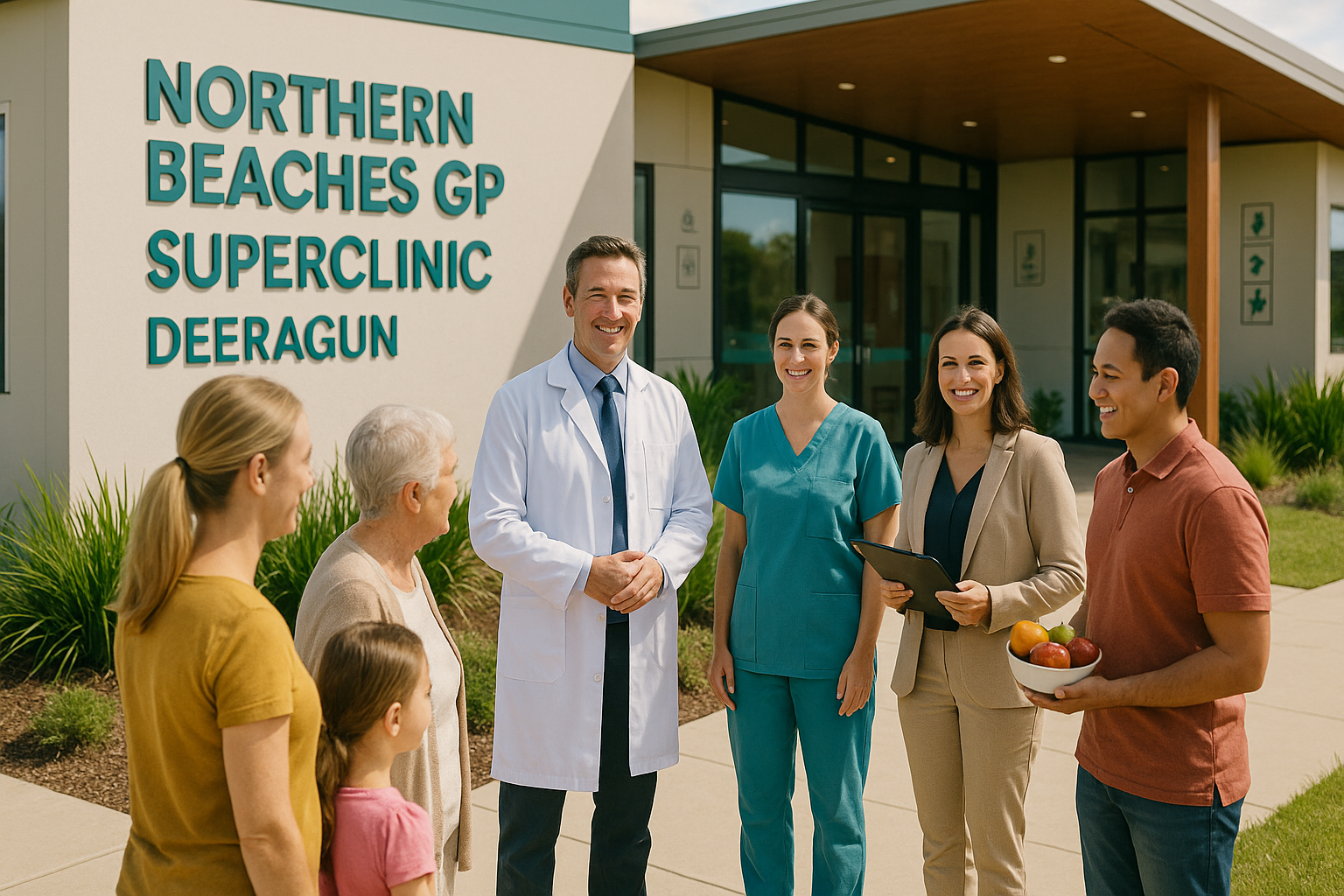 Northern Beaches GP Superclinic Deeragun staff greeting family at the clinic entrance.