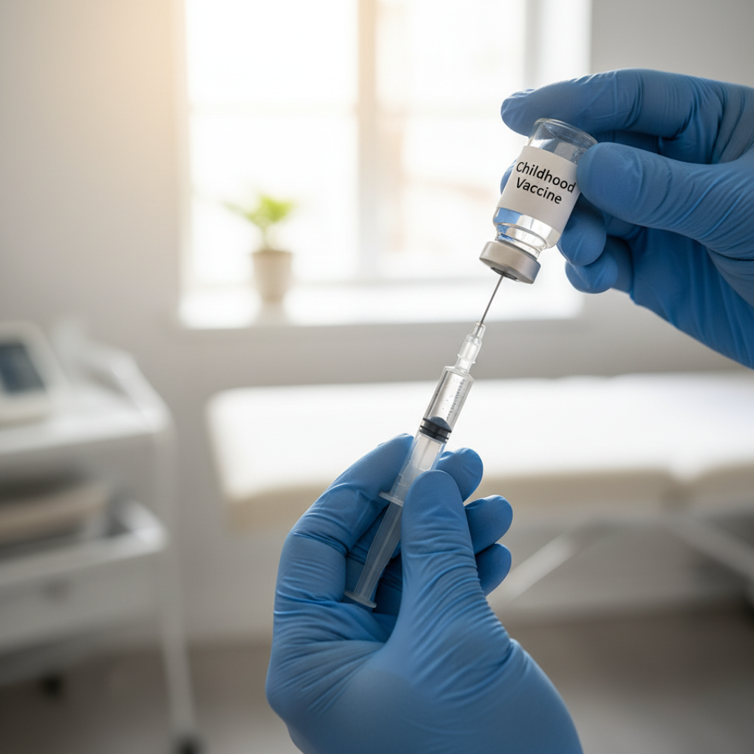 A healthcare professional wearing gloves carefully preparing a childhood vaccination dose in a clean, bright clinic to ensure safety and accuracy.
