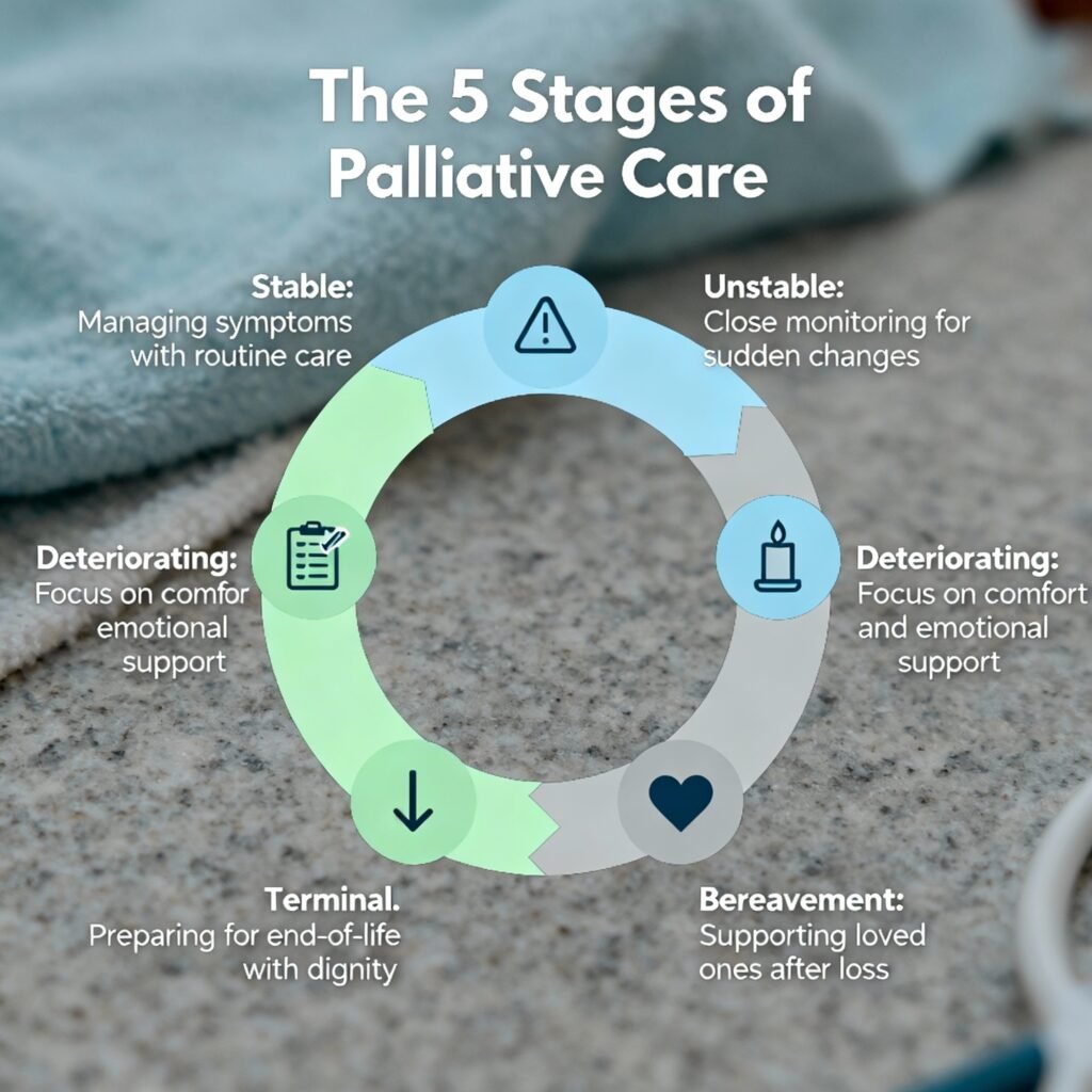 An infographic illustrating the palliative care 5 stages: Stable, Unstable, Deteriorating, Terminal, and Bereavement, with icons for each phase.