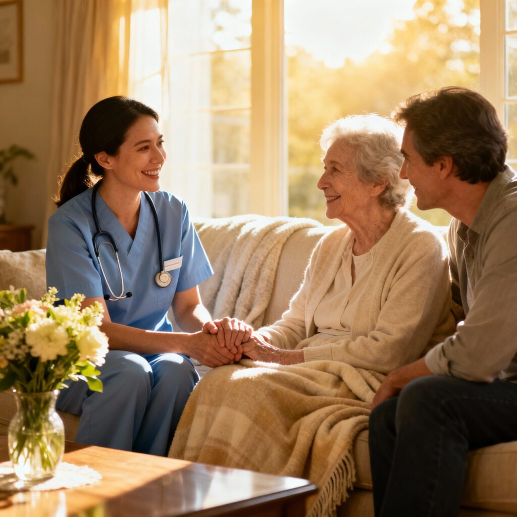 A healthcare professional compassionately explains the palliative care 5 stages to an elderly patient and their family in a supportive home setting.