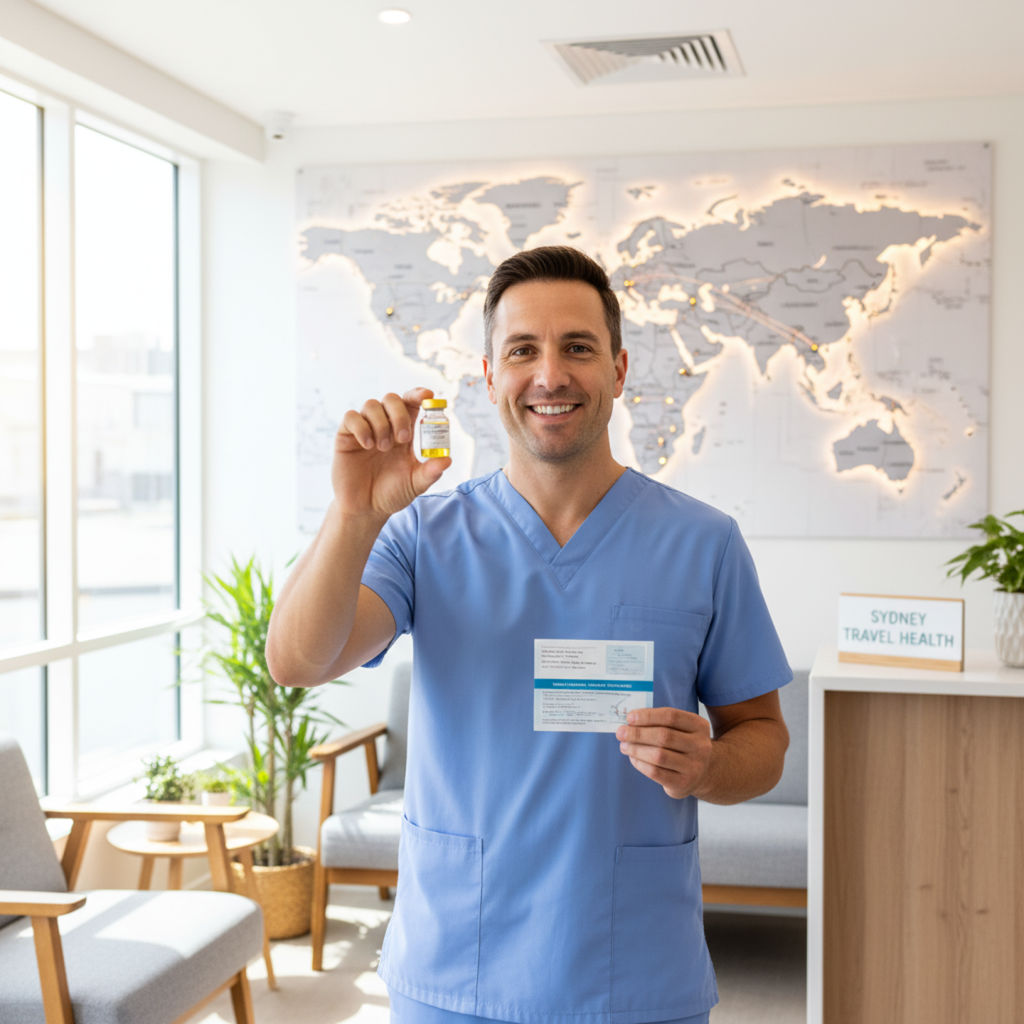 A doctor at a Sydney travel clinic holds a yellow fever vaccine and an international certificate, ready to assist a traveller.