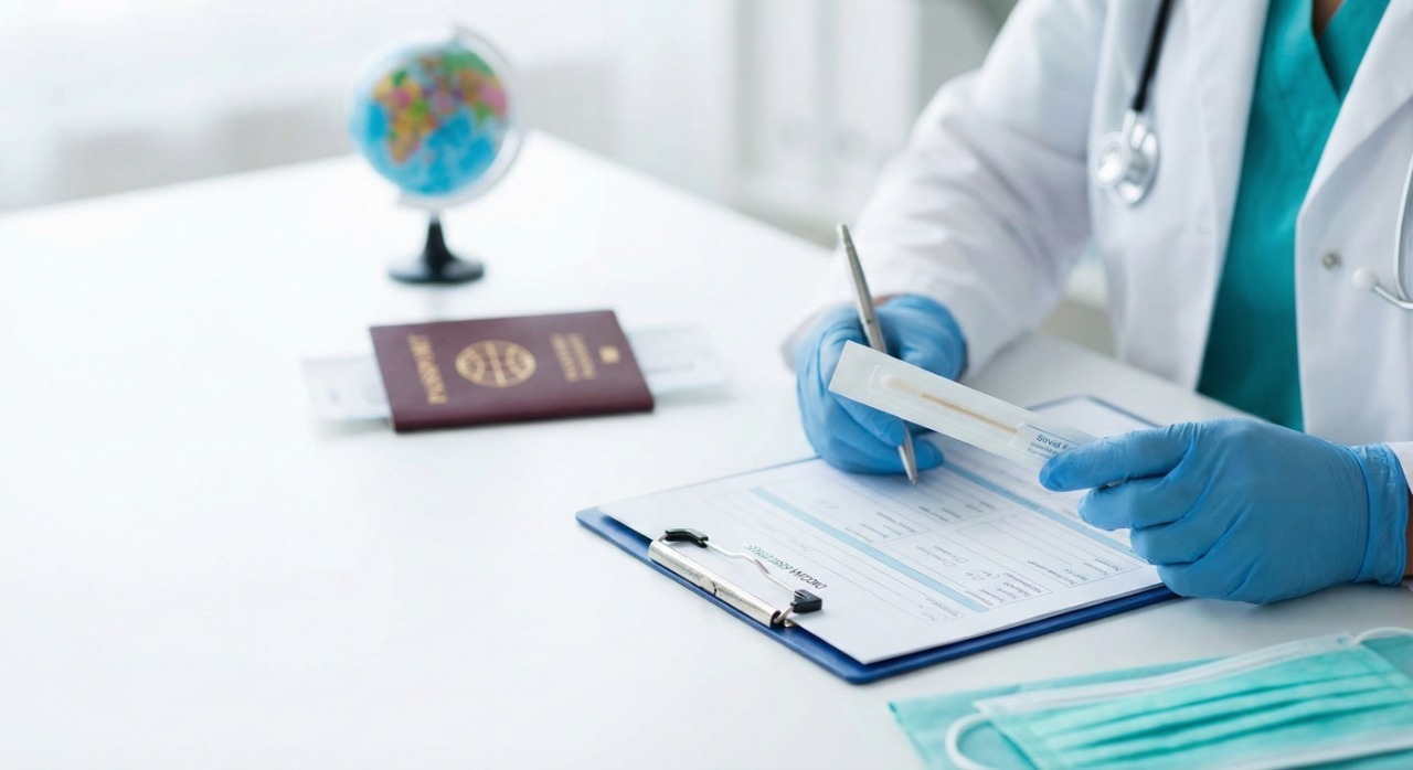 Close-up of a doctor reviewing a CPE infection screening checklist and swab kit at a Dee Why medical clinic.