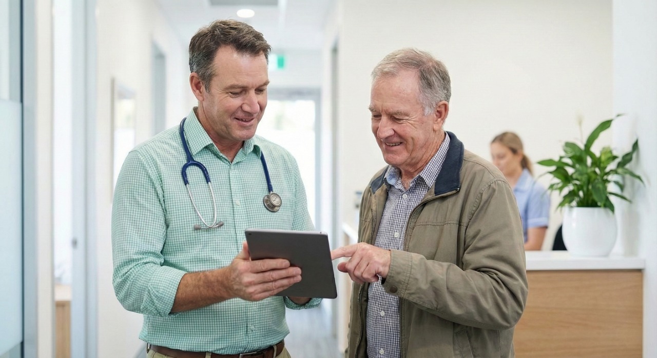 A middle-aged man wearing a grey t-shirt standing on Dee Why beach with the ocean pool in the background, representing healthy living and proactive health habits.