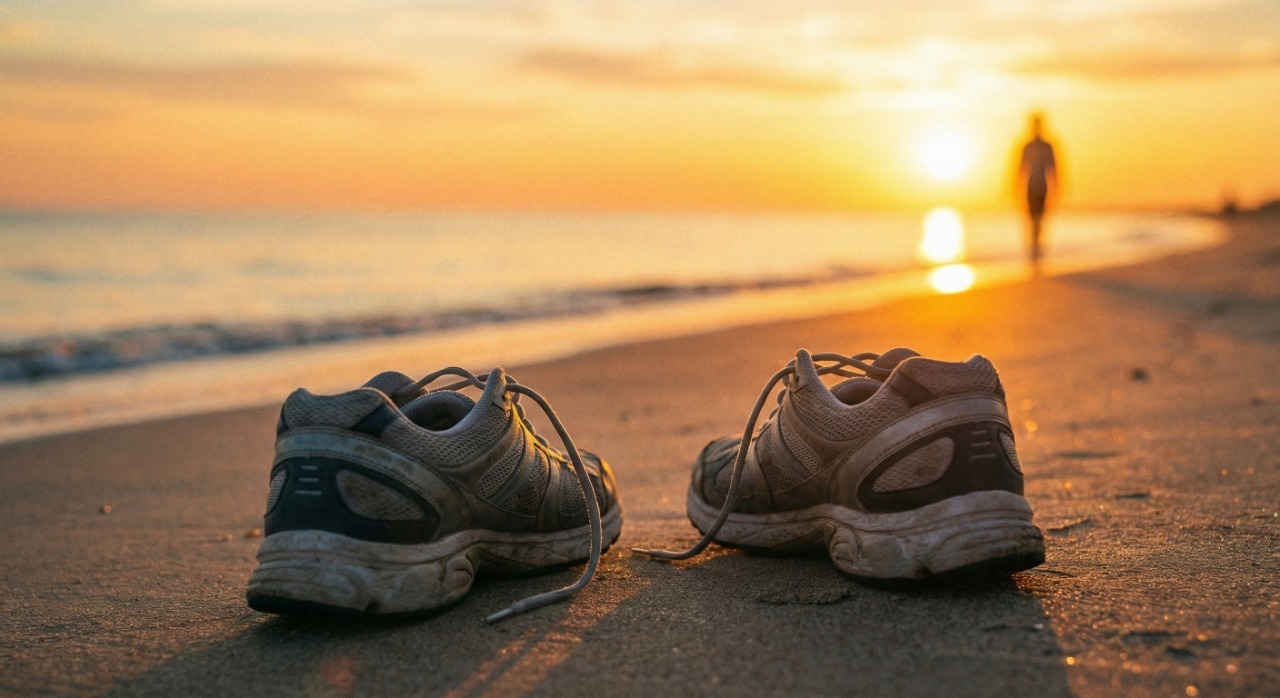 A fit middle-aged man in activewear stands on the sand at Dee Why Beach on a sunny day, looking towards the ocean pool, representing proactive men's health