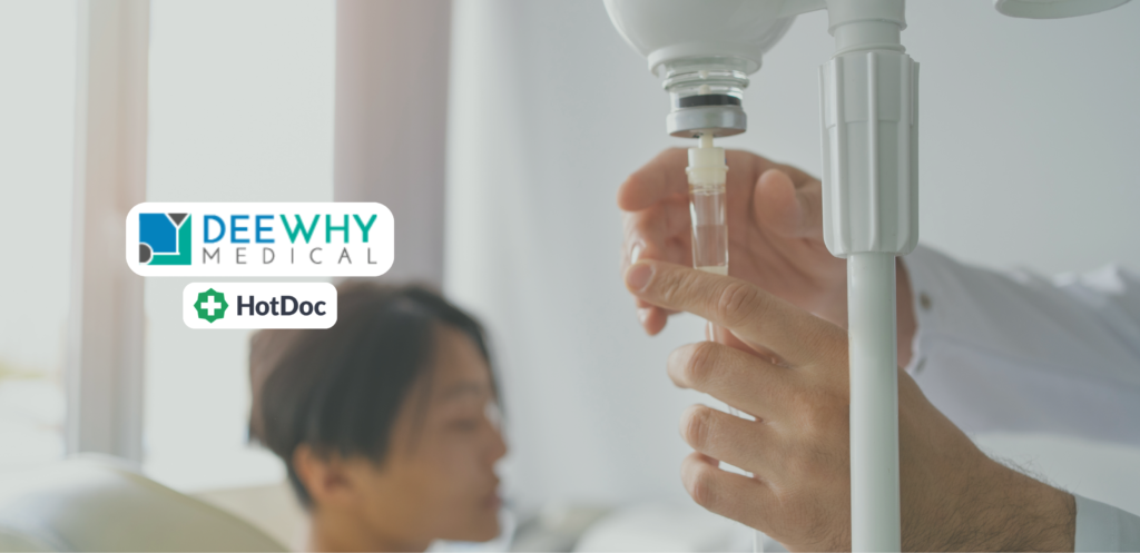 Iron infusion Dee Why – healthcare professional preparing an IV iron infusion treatment for a patient at a medical clinic in Dee Why.